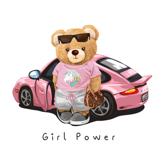Estampa Aplicável DTF Teddy Bear Girl Power Pink Unicorn